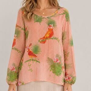 Lemon Way Top Size XL Tropical Bird Sheer Chiffon Blouse Pink Resort Boho